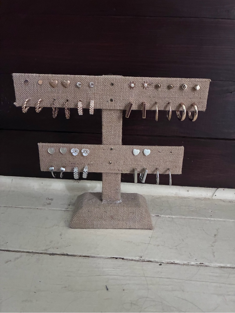 Origami Owl Tan Burlap Jewelry Display Shelf Earrings Ring Holder Stud Storage